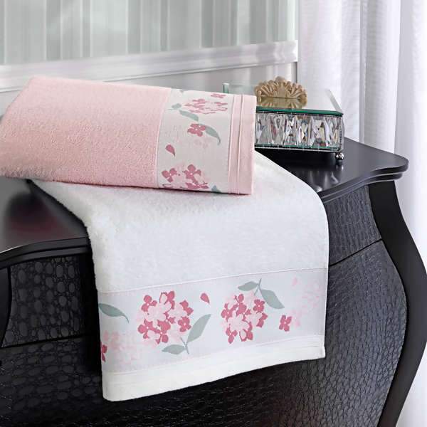 Jogo de Banho Le Bain Anne Branco/Rosa  Fio Penteado 5 Pe�as - Artex