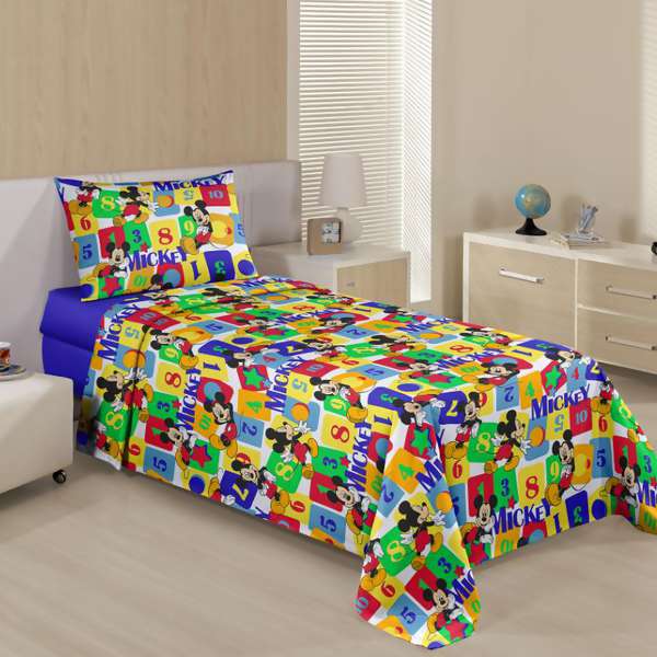 Colcha de Crepe Santista Disney Mickey Blocks Solteiro