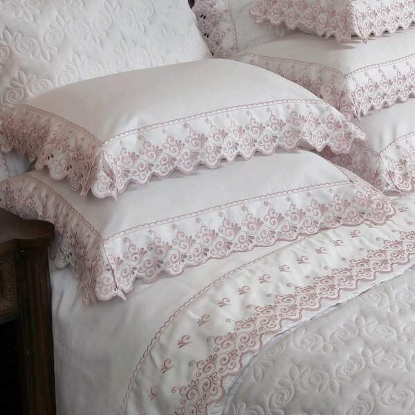 Jogo de Cama 300 Fios Bordado Camille Branco com Rosê Solteiro - Marken Fassi