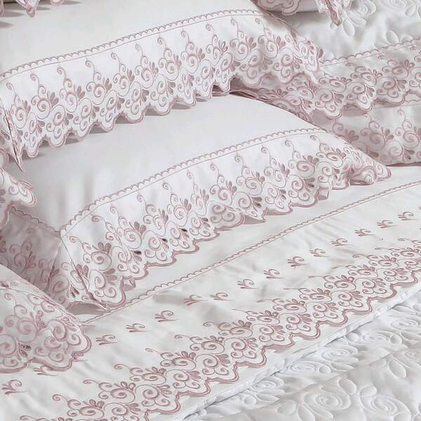 Jogo de Cama 300 Fios Bordado Camille Branco com Rosê Solteiro - Marken Fassi