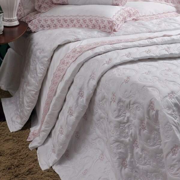 Jogo de Cama 300 Fios Bordado Richezza Branco com Rosê King - Marken Fassi