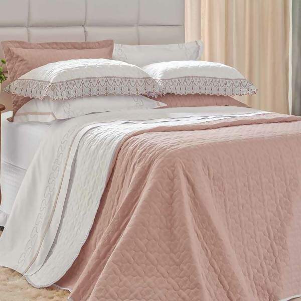 Cobreleito Bordado Charlote Rosê / Branco Solteiro - Lavive